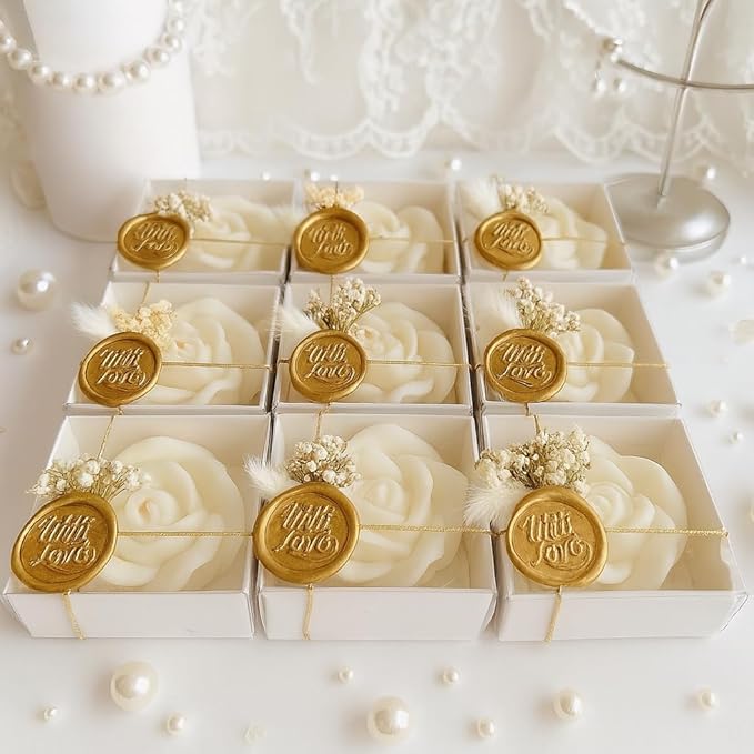 White Rose Petal Soy Wax Candles in Bulk – Rose Candle Wedding Favors for Guests, Personalized Candle Favors for Bridal Shower & Baby Shower Gifts – Dried Flower & Wax Seal Design (10 Pieces)