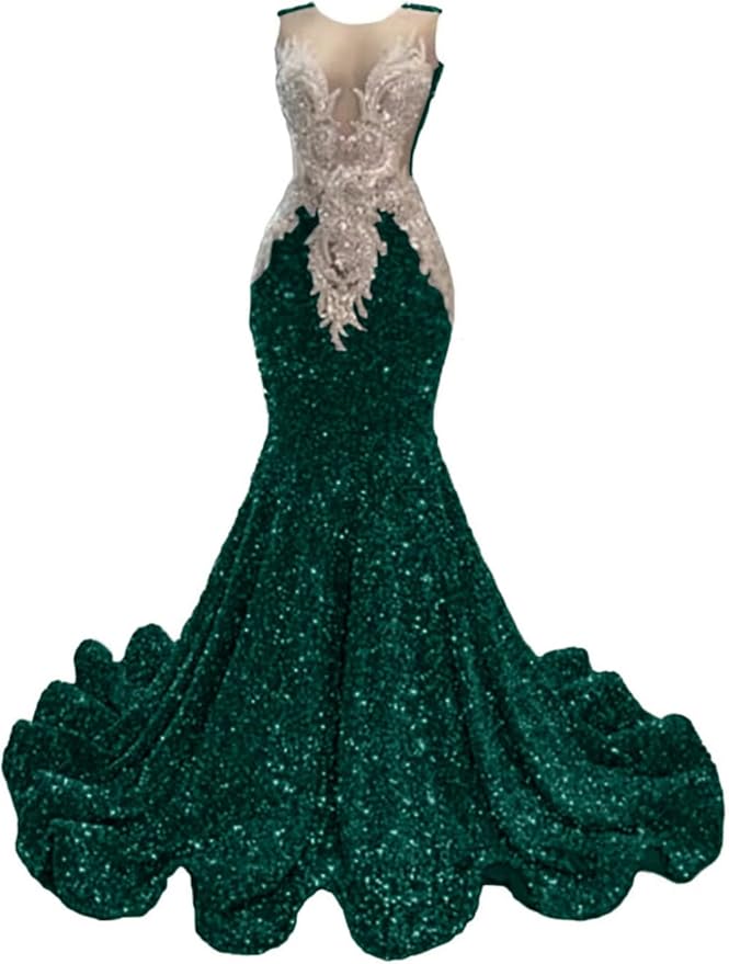Datangep Crew Neck Sequined Mermaid Prom Dress Applique Crystal Evening Dress Celebrity Pageant Gown