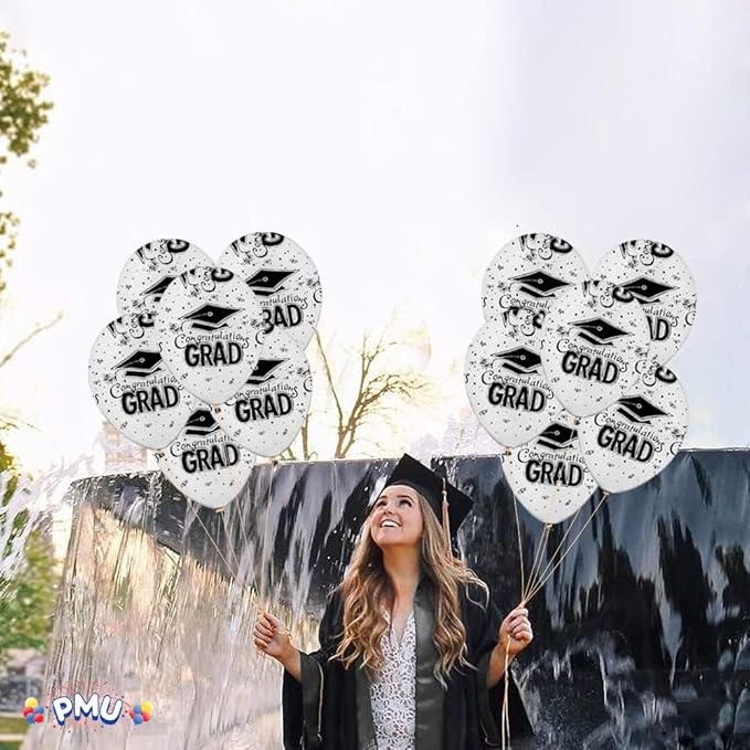 PMU White Graduation Balloons Class of 2025 with All-Over Print White Grad Caps-Confetti and Streamers | Graduation Party Supplies | Congratulations Grad Latex Balloons Latex