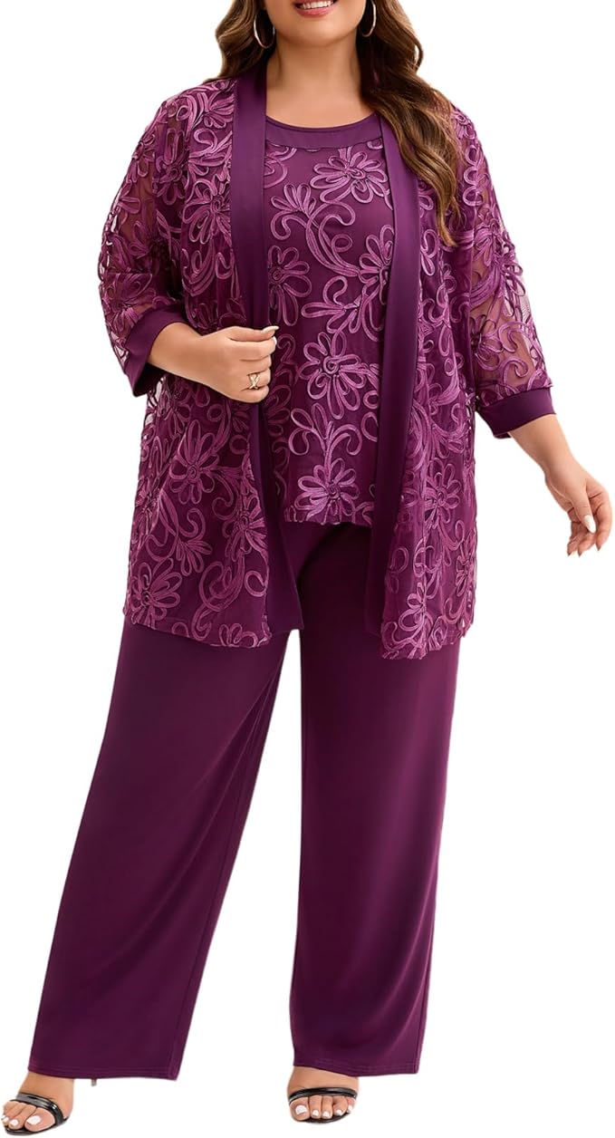 Plus Size 3 Piece Floral Embroidered Pantsuit Set Women Mother of Bride Wedding Guest Formal Evening Cocktail Party Attire