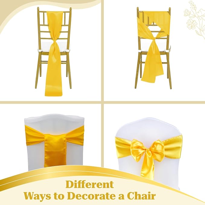 VDS Satin Chair Sashes Chair Cover Back Tie Sateen Bows Ribbon for Wedding Birthday Graduation Engagement Ceremony Event Party Banquet Venue Hotel All Dining Chair Decoration (150PC) (Yellow Gold)