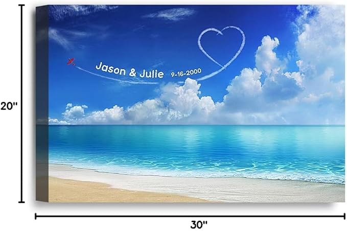 IPIC - Seaside Skywriting Personalized Wall Art with Names, Customized Gift for Couple, Customized Canvas for Wedding Anniversary. 30x20