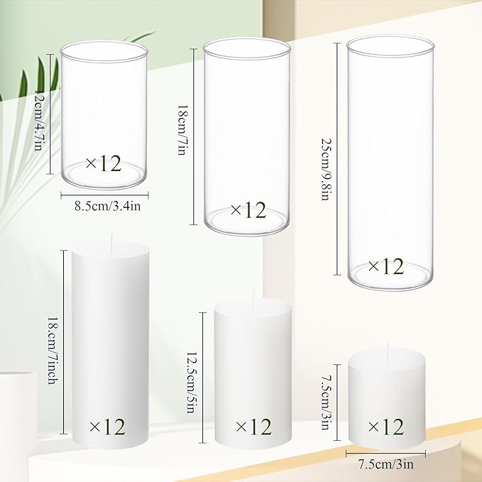 Shihanee Set of 36 Pillar Candles and Glass Cylinder Vases Clear Cylinder Holders for Slim Pillar Candles Wedding Centerpieces(3.4'' X 4.7", 7", 9.8",White)