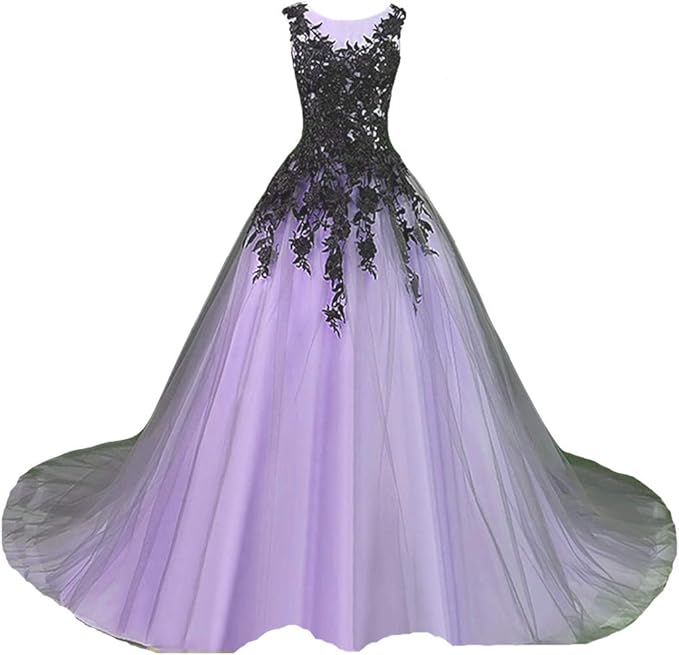 Kivary Gothic Gray Tulle Long Black Lace Sheer Bateau Prom Wedding Dresses