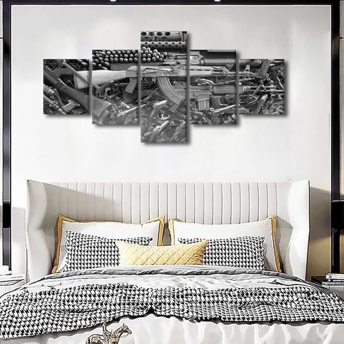 Modern Wall Art Prints and Poster Damaged Weapon Gun Canvas Painting for Living Room Black and White Pictures Home Decor 5 Panels Gallery-wrapped Artwork Set Wooden Framed Ready to Hang(50"W x 24"H)