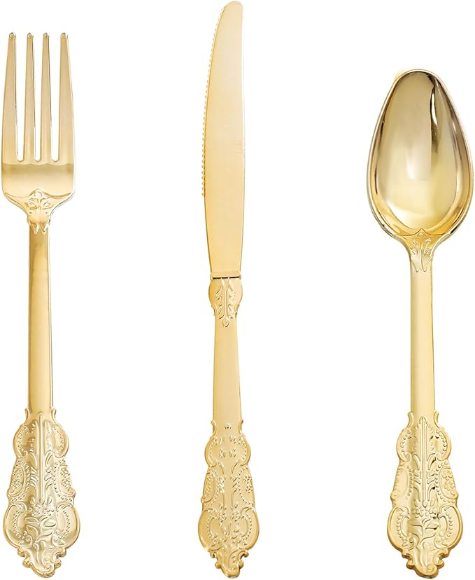 Supernal 360pcs Gold Plastic Silverware,Disposable Silvereware Heavy Duty, Gold Plastic Cutlery, 120 Plastic Forks and Spoons,Knives Perfect for Birthday, Wedding Halloween Thanksgiving Chirstmas