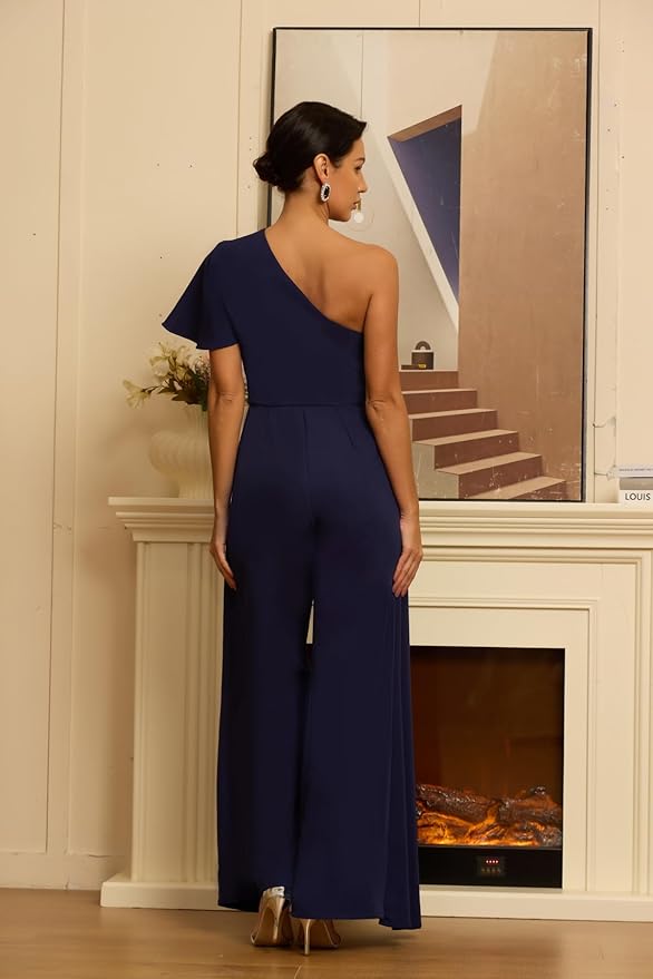 Mother of The Bride Jumpsuit Chiffon One Shoulder Ruffles Wedding Guest Pantsuit for Women
