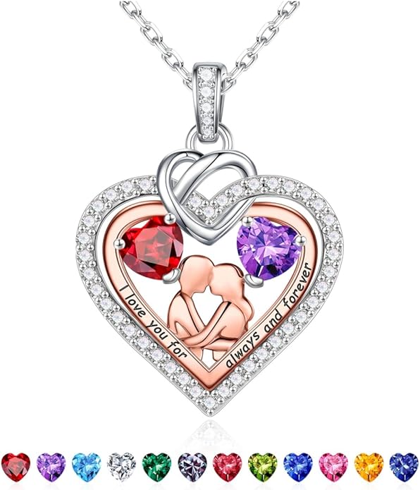 Iefil Valentines Day Gifts for Her - 925 Sterling Silver Double Heart Birthstone Necklace for Women, Anniversary Birthday Gifts for Wife I Love You Gift Couple Sitting Hugging Each Other Jewelry Gift