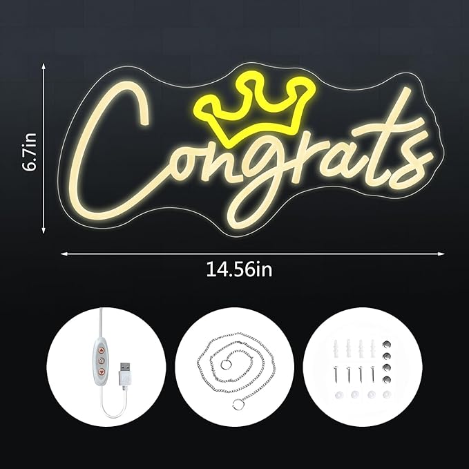 Congrats Grad Neon Sign with Crown, Graduation Decorations 2026 Congrats Led Light Signs for Wall Decor, Bedroom Bar Club Colleges Wedding Birthday Party Decor Gifts