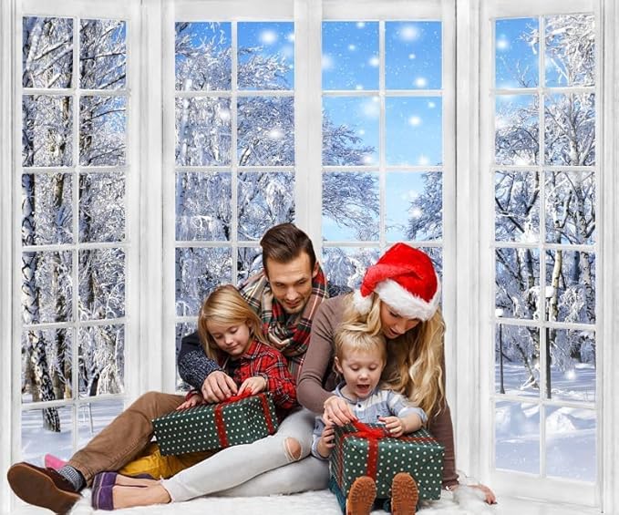 12x8ft Winter Backdrop Christmas Backdrops for Photography Window Snowy Wonderland New Year Background Family Gathering Party Banner Decorations Portrait Photo Booth Props