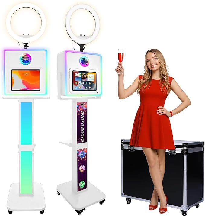 Photo Booth for iPad 10.2" 10.9" 11" 12.9" & Camera,2-in-1 Selfie Station Shell Stand Camera Photobooth Machine,App Control RGB Fill Light,for Parties,Rental Business (White + Flight Case)