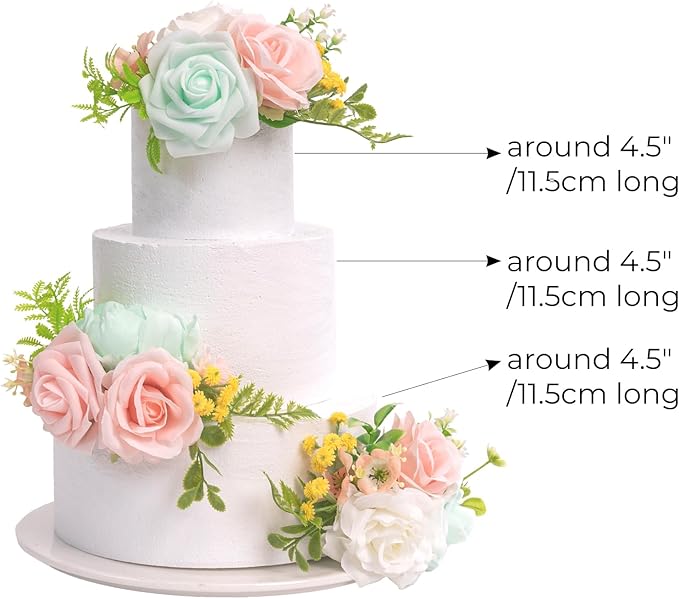 TINGE TIME 3Pcs Pre-made Cake Toppers，Silk Artificial Flowers Decor，Cake Decorations for Weddings, Birthdays, Party,Baby Shower,Celebration (Mint Green and Pink)