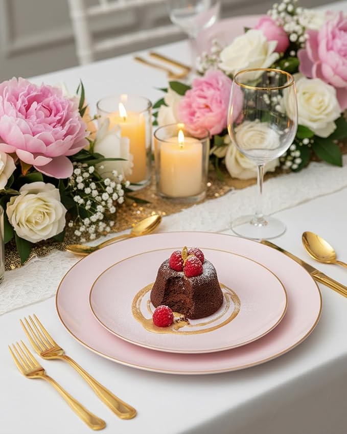 PULOTE 100PCS Pink Plastic Plates - Heavy Duty Pink and Gold Disposable for Party, Wedding, Valentines & Galentines Day, Include 50 Each (Dinner & Dessert) Plates