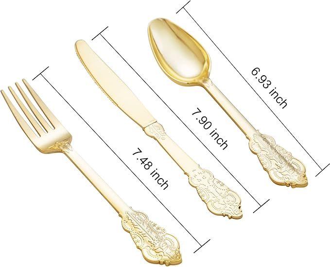 bUCLA 600 Pieces Gold Plastic Silverware - Plastic Gold Utensils - Heavyweight Disposable Cutlery - 200 Forks, 200 Spoons, 200 Knives for Party & Wedding