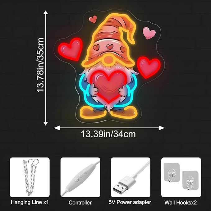 Gnome Heart Valentine Neon Sign - 5-Level Dimmable USB Valentine's Day Decor & Heart Neon Signs, Ideal for Wedding Decor, Romantic Nights, Party Supplies, Cute Wall Lights for Spaces