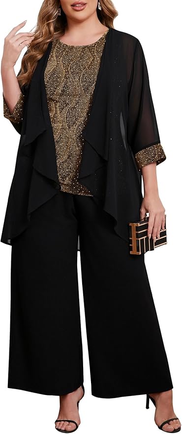 ZOMVA Plus Size 3 Piece Formal Pantsuit Sparkly Chiffon Jacket Set Dressy Outfit Mother of The Bride Groom Wedding Cocktail
