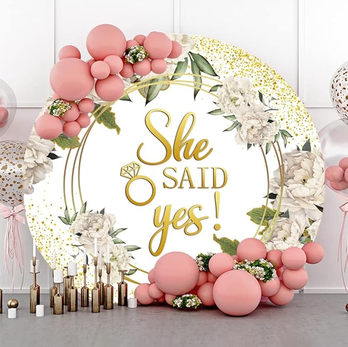 Leyiyi 6x6ft She Said Yes Round Backdrop Cover Polyester Rustic White Flower Golden Glitter Photography Background Floral Romantic Proposal Wedding Bridal Shower Engagement Party Decoration Banner