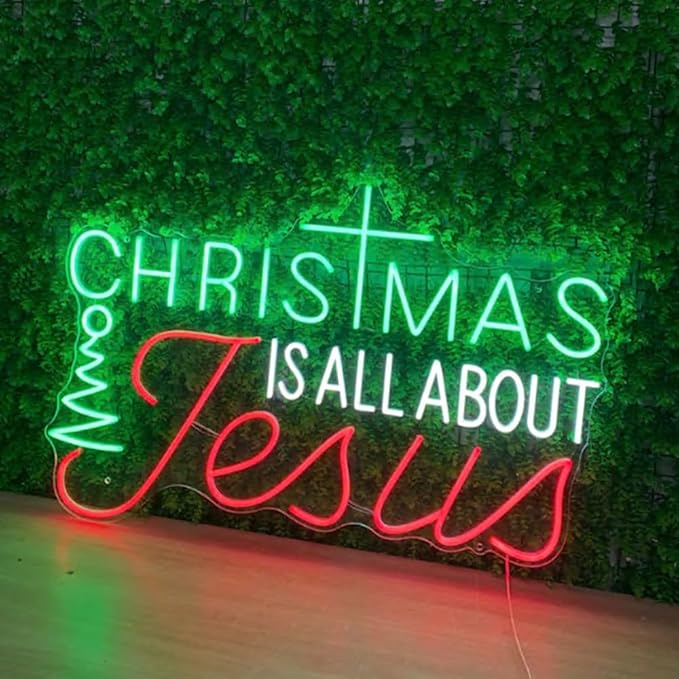 Christmas Is All About Jesus Led Neon Sign, Christmas Jesus Neon Light Cross Led Line Art, Xmas Neon Decor Size:25 inches