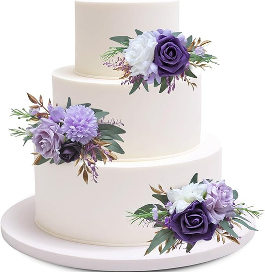 Marriwise 3Pcs Pre-made Cake Toppers Flowers, Dark Purple Wedding Cake Decoration,Artificial Flowers Decor for Wedding Ceremony Anniversary,Birthday Party,Elegant and Dreamy Purple (Dark Purple)