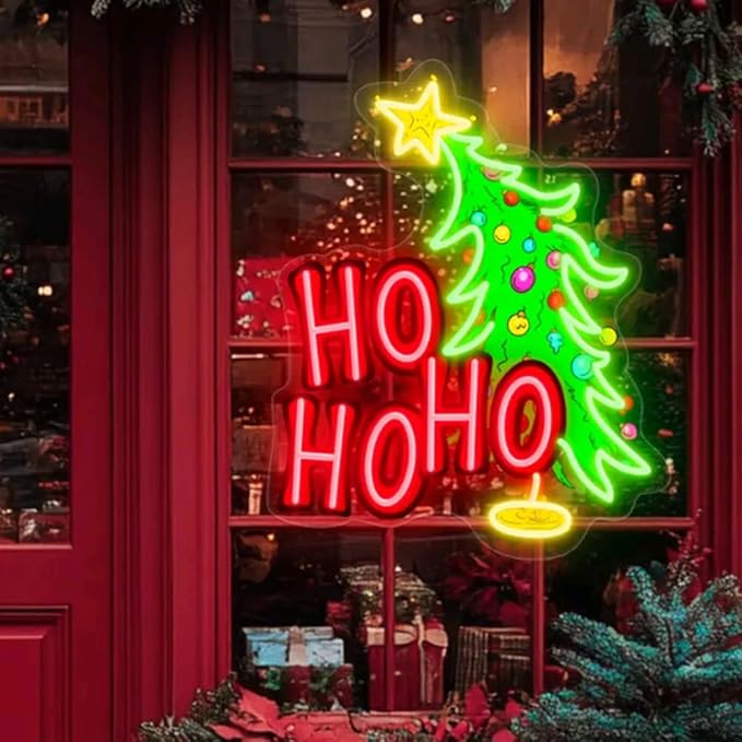 Merry Christmas Custom Neon Sign Wall Decor, HoHoHo Christmas Tree For Her, Personalized Gift USB Size:17x17inches