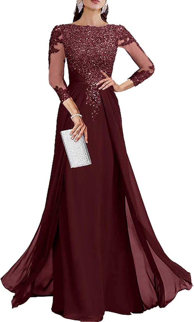 Long Sleeve Mother of The Bride Dresses for Wedding Lace Appliques Chiffon Formal Dress He6052