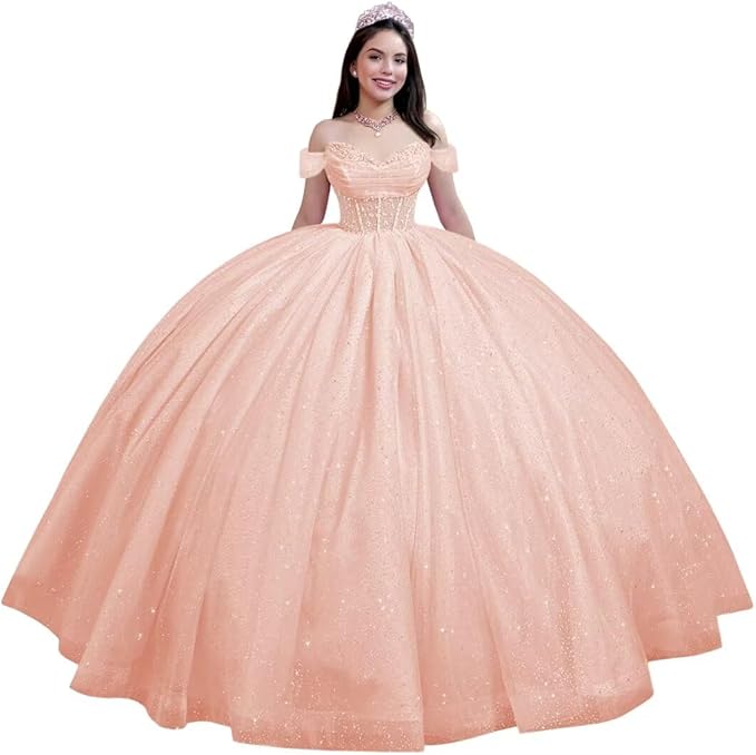 Youjiayi Glitter Tulle Quinceanera Dresses with Train Off Shoulder Beaded Sweet 16 Dresses Pleated Long Ball Gown for Women