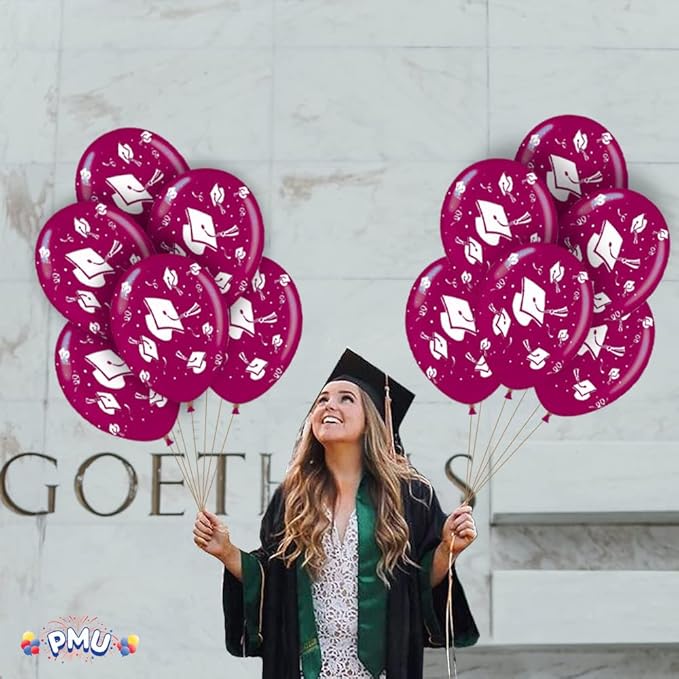 PMU 100 Pcs Burgundy Graduation Balloons Class of 2025 with All-Over Print White Grad Caps-Confetti and Streamers | Graduation Party Supplies | Congratulations Grad Latex Balloons Latex