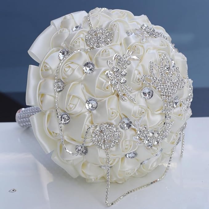 Ivory Bridal Wedding Bouquet with Bling Brooch Rhinestone String Cascade Satin Rose Flower Bouquet for Bride Bridesmaid Quinceanera Wedding Ivory 7.1in
