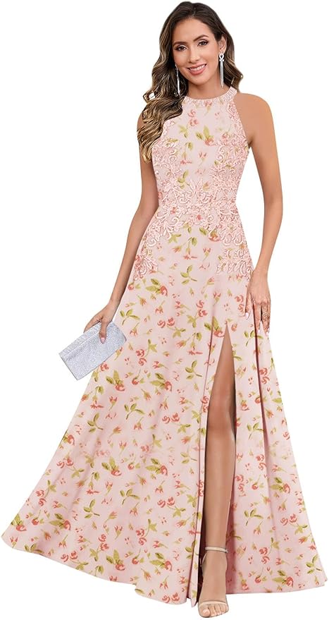 GUKARLEED Halter Lace Appliques Mother of The Bride Dresses for Women Long A-line Formal Wedding Guest Dress with Slit