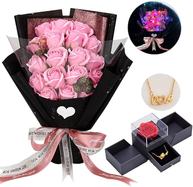 EIGHTOWN Roses Bouquet Artificial Flower - Preserved Pink Rose Flowers with Love Necklace for Her - Unique Gifts Valentine's Day, Mother's Day, Thanksgiving, Birthday, Anniversary