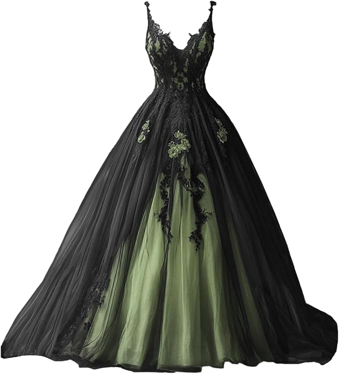 TRHTX Spaghetti Straps Wedding Dresses for Bride Layered Tulle Gothic Black Bridal Gowns Lace Applique Wedding Gowns