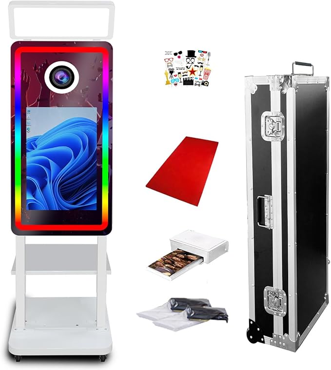 Magic Mirror Photo Booth, 40in Photobooth Machines with 21.5inch Touch Screen with Printer, with Built-in Mini PC, for Weddings, Christmas, Parties (White, with Printer no Camera)