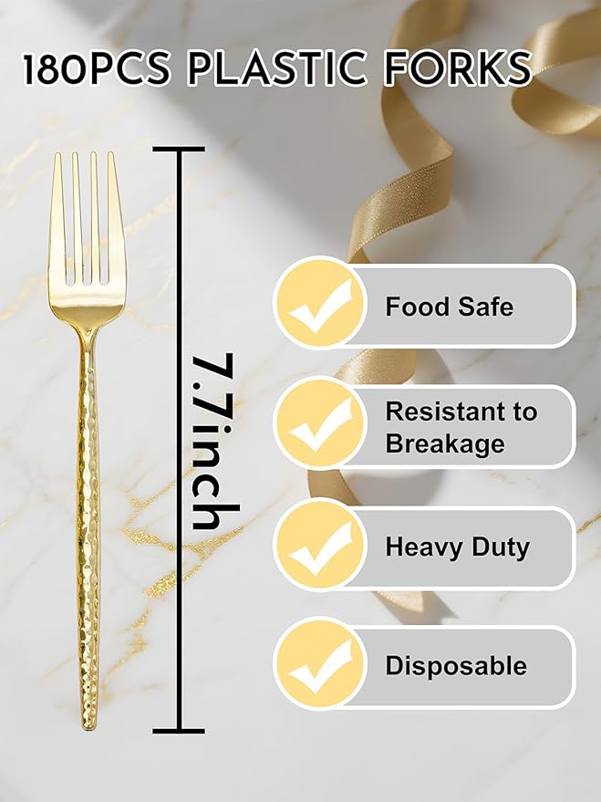 U-QE 180 PCS Gold Plastic Forks - 7.7 Inch Hammered Heavy Duty Plastic Forks - Elegant Gold Plastic Silverware - Perfect for Parties & Weddings and Other Daily Events