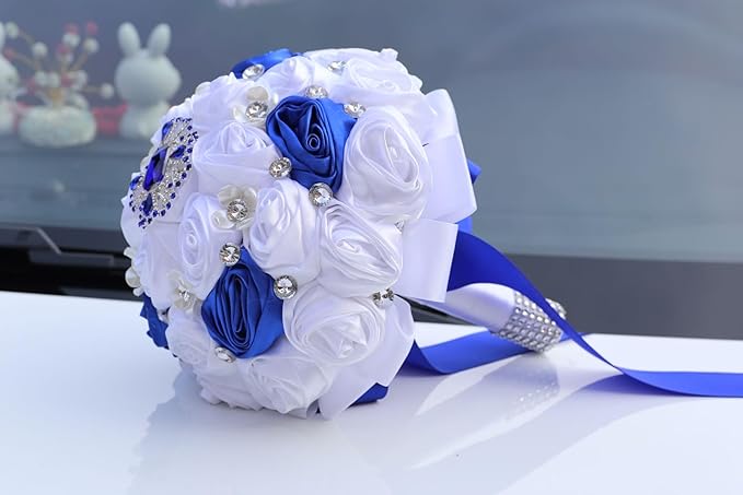 Handmade Wedding Bouquets for Bride Bridesmaid Brooch Artificial Holding Flower Tossing Bouquet(White, Royal Blue, 16cm, 1PC)
