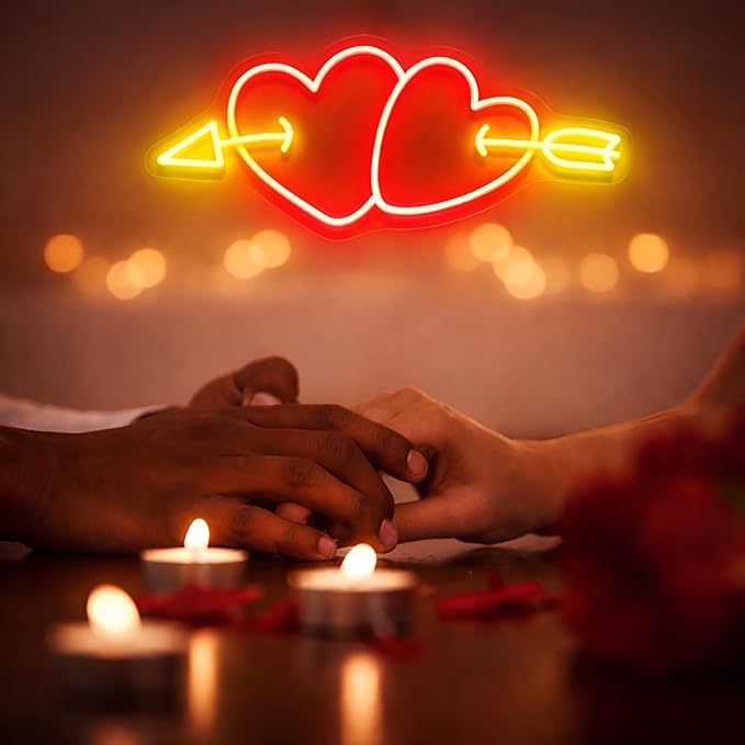 Double Heart Cupid Arrow Neon Sign for Wall Decor, Romantic LED Neon Light for Engagement Party, Wedding & Anniversary Decorations, Symbolic Neon Wall Art for Valentine’s Day Celebration 16.5"x7.9"