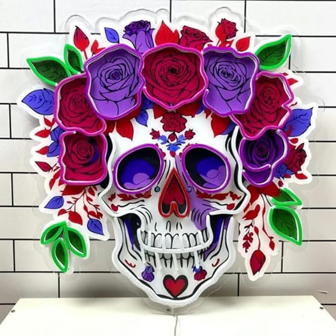 Skull Flower Neon Acrylic Print Sign, Floral Sugar Skull Led Light Sign, Custom Neon Sign, Skull Wall Decor, Halloween Home Decor Size:18inches