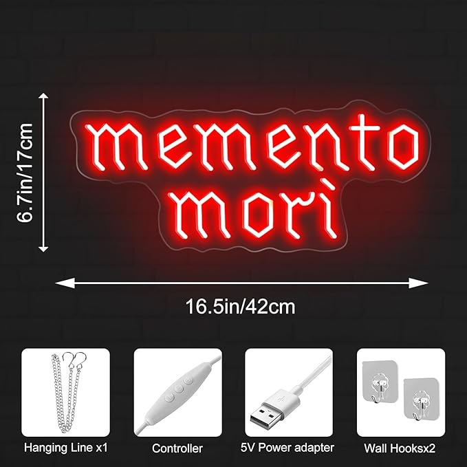 Memento Mori Neon Sign, Red Stoic Wall Art, Gothic LED Light, Creepy Halloween Decor, Gothic Decoration, Satanic Witch Decor, 16.5"x6.7"
