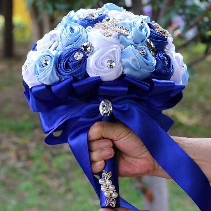 Wedding Bridal Bouquet Handmade with Bling Rhinestone Brooch Pearl for Bride Bridesmaid Quinceanera Bouquet Satin Rose Flower Bouquet Wedding Royal Blue Light Blue and White 9.8in