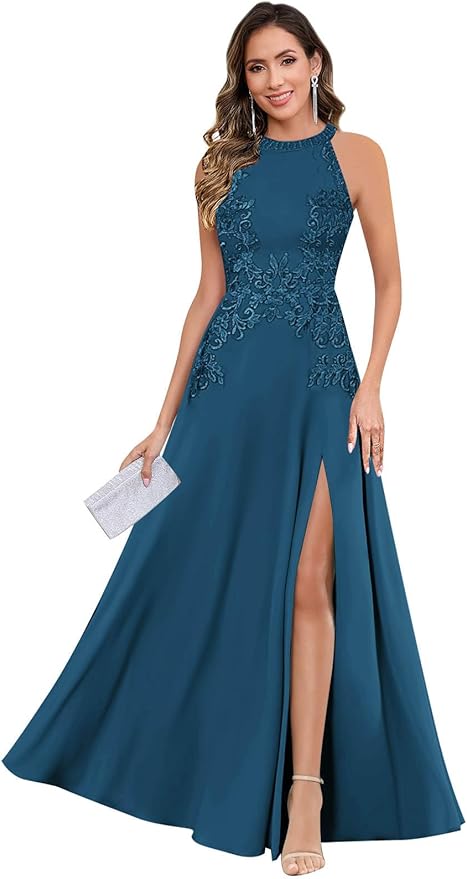 GUKARLEED Halter Lace Appliques Mother of The Bride Dresses for Women Long A-line Formal Wedding Guest Dress with Slit