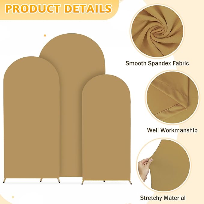 Arch Backdrop Stand with Cover Set of 3 Tan Wedding Arch Covers Metal Arch Stand and Cover Set 4&5&6ft Gold Wedding Arch Stand Balloon Arched Frame for Banquet Event Party Ceremony Reception