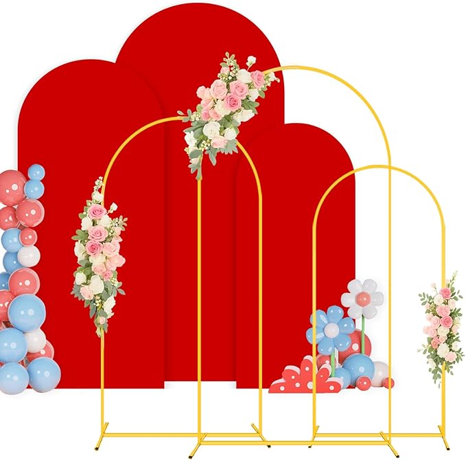 Set of 3 Metal Arch Backdrop Stand and Cover Set 6FT & 5FT & 4FT Gold Balloon Arched Stand Frame with Spandex Arch Cover Red Backdop Covers for Birthday Party Baby Shower Anniversary Decor