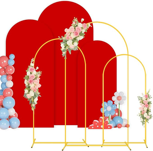 Set of 3 Metal Arch Backdrop Stand and Cover Set 6FT & 5FT & 4FT Gold Balloon Arched Stand Frame with Spandex Arch Cover Red Backdop Covers for Birthday Party Baby Shower Anniversary Decor