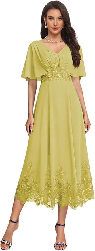Tea Length Mother of The Bride Dress with Sleeves Laces Formal Evening Gowns for Wedding V Neck Wedding Guest Gown ZMX37