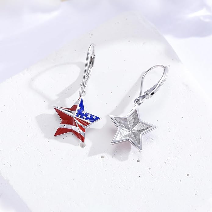 American Flag Earrings for Women 925 Sterling Silver Red White and Blue Star Dangle Drop Leverback Earrings 4th of July Jewelry Patriotic Memorial Day Christmas Gifts