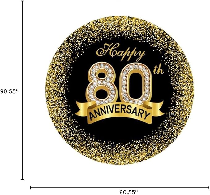 Happy 80th Anniversary Round Backdrop Cover 7.5x7.5ft Luxurious Black Gold Glitter Sequins Diamond 80 Photography Background Ribbon Sparkling Dots Grandparents Dinner Party Circle Arch Decor