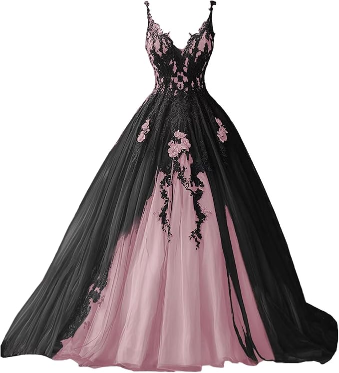 TRHTX Spaghetti Straps Wedding Dresses for Bride Layered Tulle Gothic Black Bridal Gowns Lace Applique Wedding Gowns