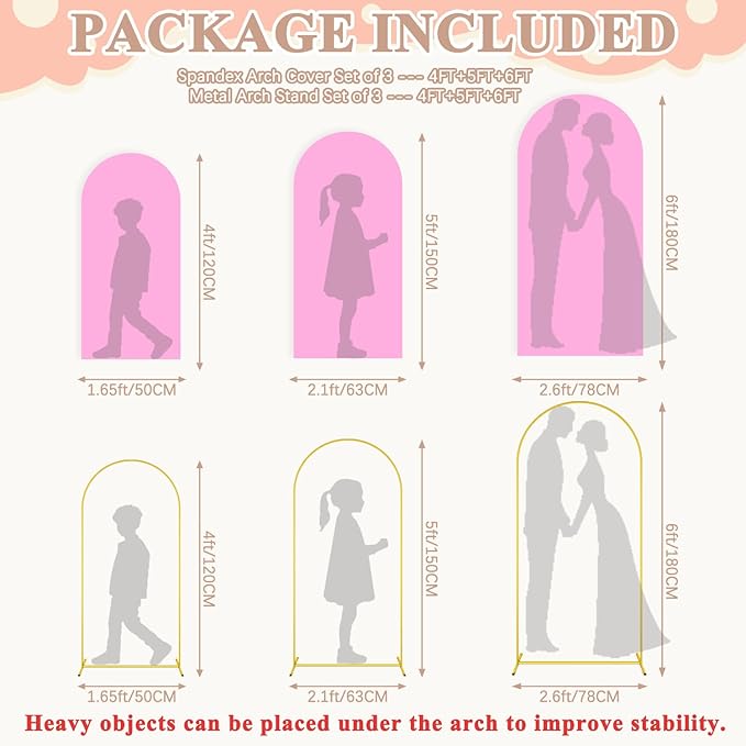 Arch Backdrop Stand and Cover Set 6FT/5FT/4FT Pink Spandex Fitted Arch Stand Cover Metal Chiara Arched Frame Backdrop Set of 3 for Birthday Party Baby Shower Graduation Ceremony Decorations