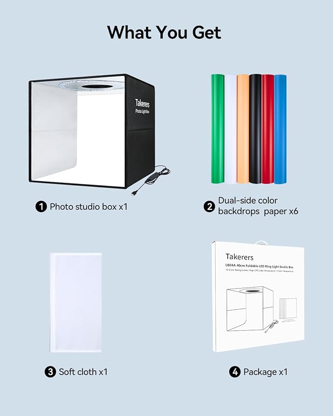 Takerers 12"x12"x12" Photo Studio Light Box Photography Booth with 120 LEDs, 3000-5700k Adjustable, 6 Color Backdrops, Dimmable Folding Shooting Tents for Product