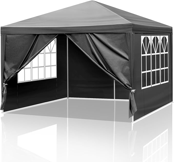 Party Tent for Outdoor Wedding, Birthday, Event, Patio Gazebo, Carport Canopy Shade With Removable Sidewalls & Transparent Window (10'x10'/4 Sidewalls Black)