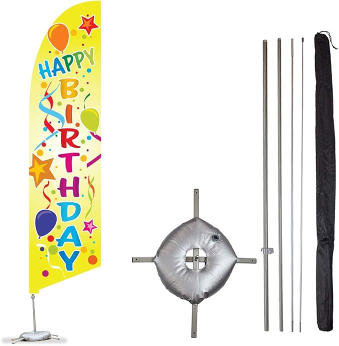Vispronet Happy Birthday Feather Flag Kit – 13.5ft Pole Set, Cross Base, Weight Bag, and Pole Sleeve Bag – Great for Birthday Celebrations, Parties, Stores, and Venues – Printed in The USA…